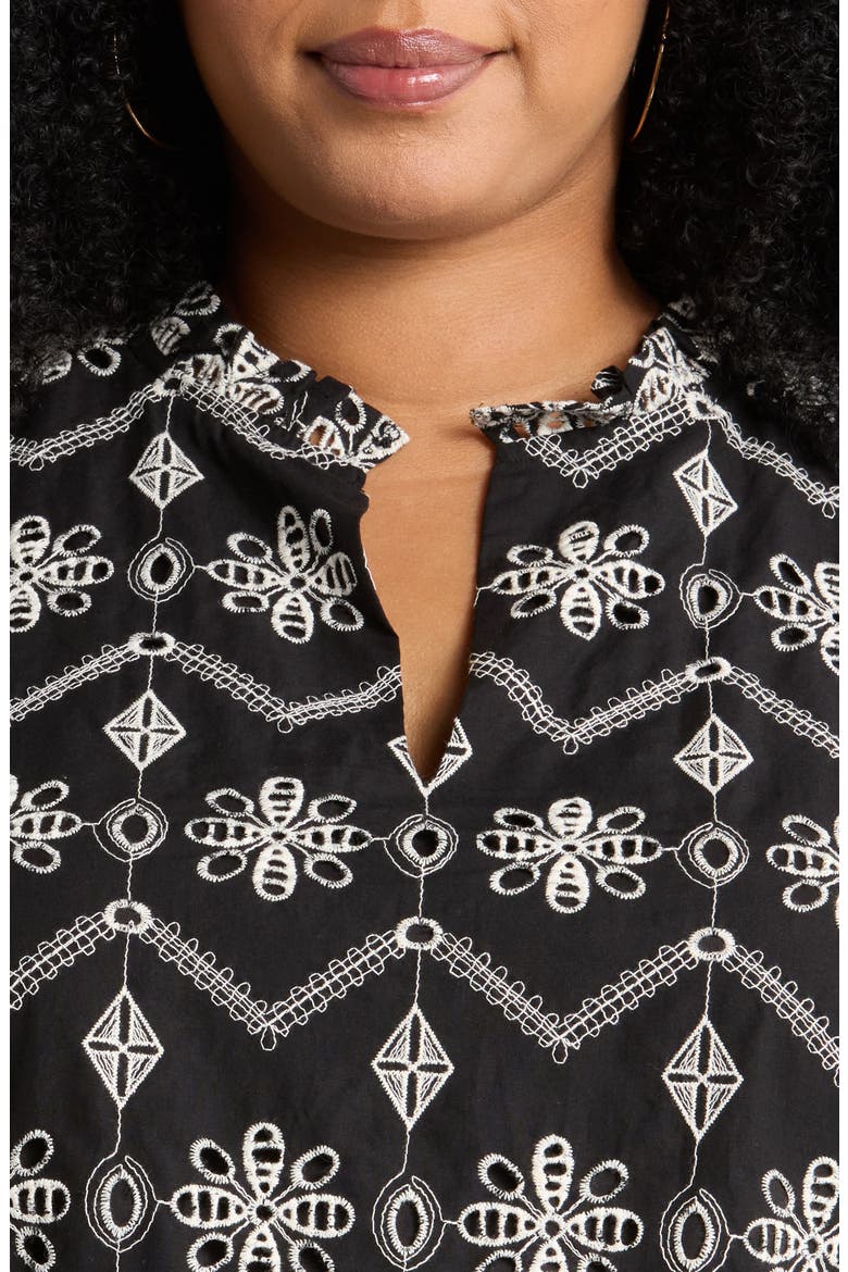 Embroidered Ruffle Split Neck Top, Alternate, color, BLACK IVORY
