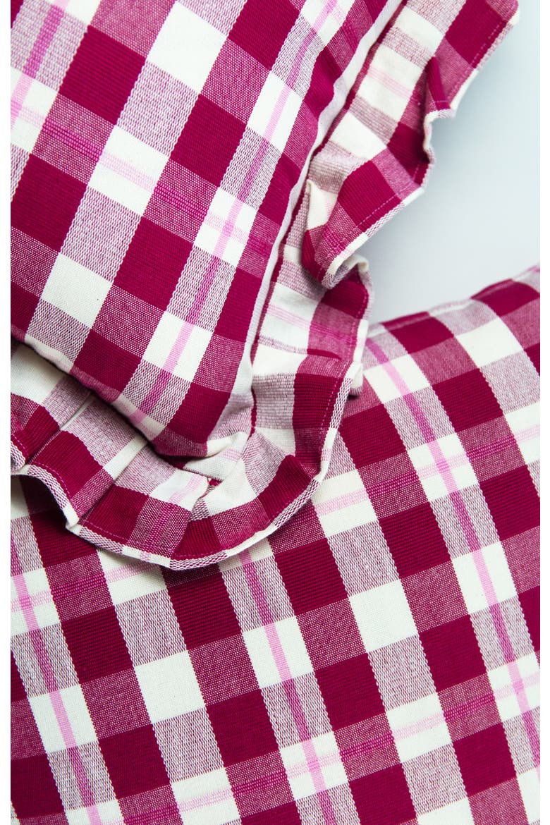 Abigail Cranberry Handwoven Cotton Plaid Ruffle Pillow, Alternate, color, Burgundy