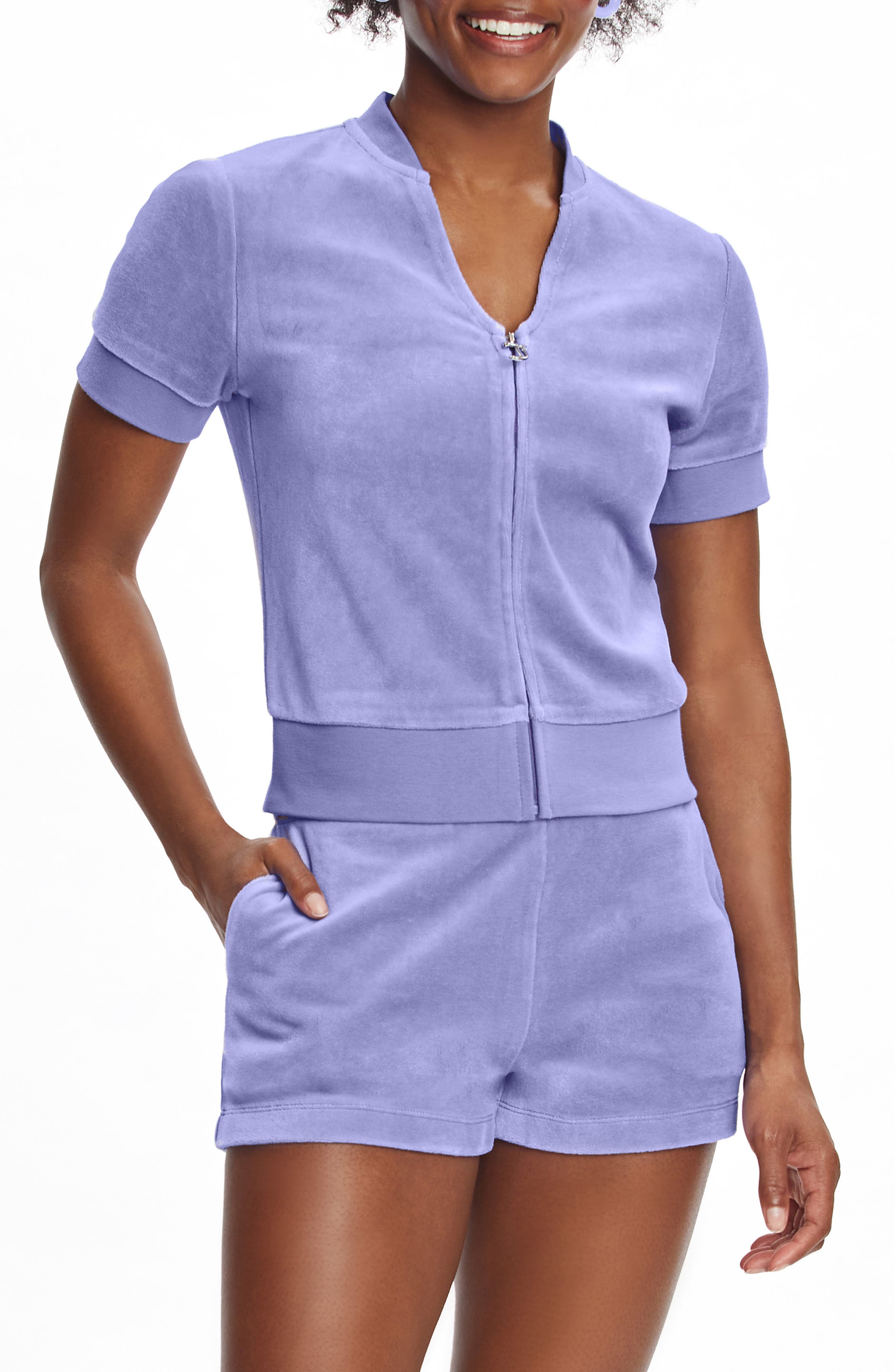 Juicy Couture Rhinestone Logo Zip Front Velour Top (Women) | Nordstrom