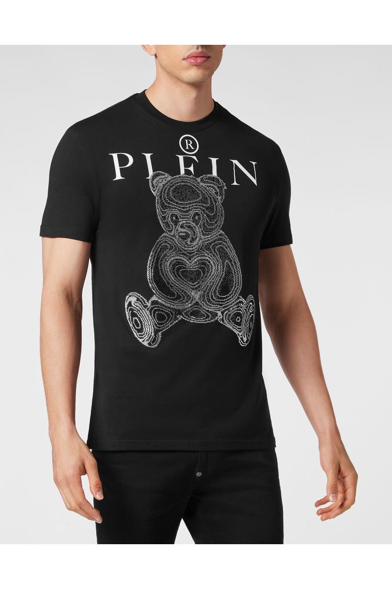 T-Shirt Round Neck Ss With Crystals Teddy Bear Men, Main, color, black/white