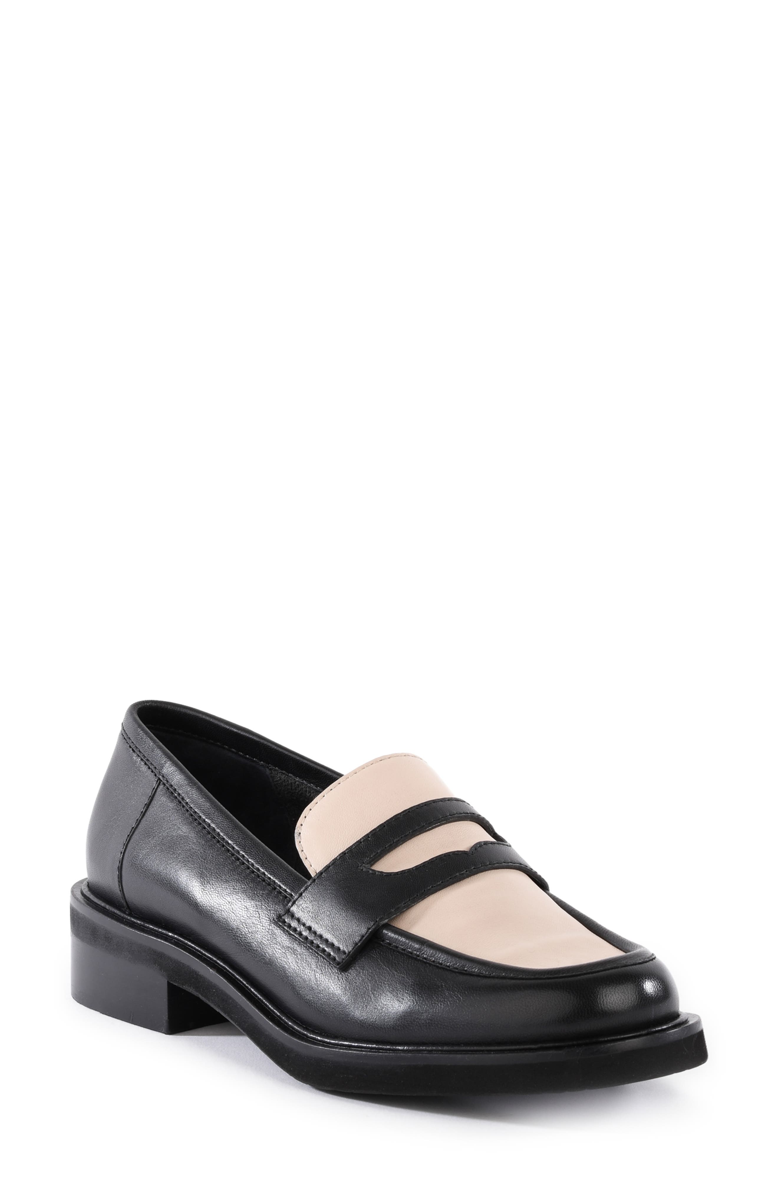Seychelles Superior Penny Loafer in White/Black Leather 