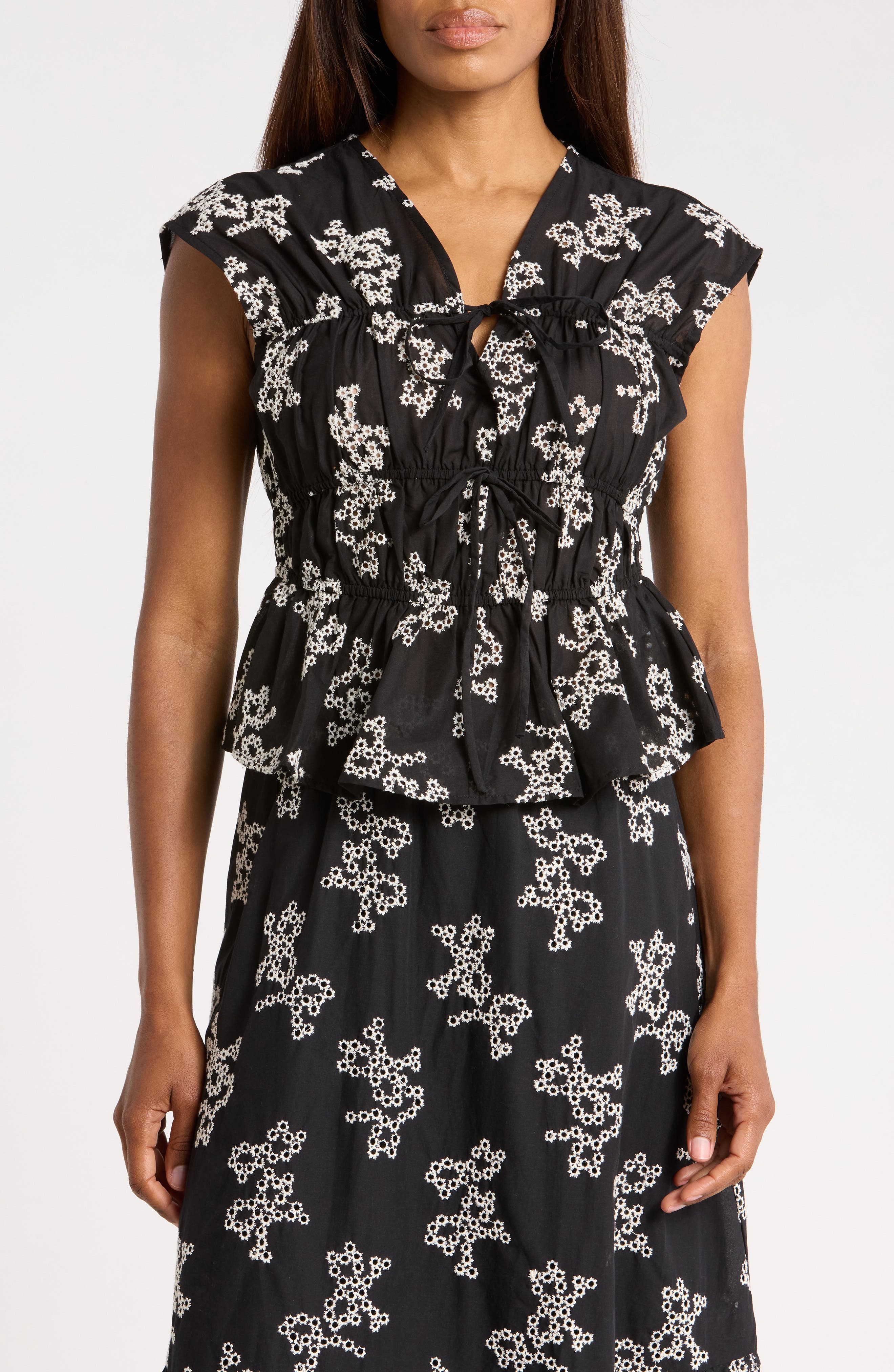 Ellen Tracy Floral Embroidered Sleeveless Cotton Voile Peplum Top