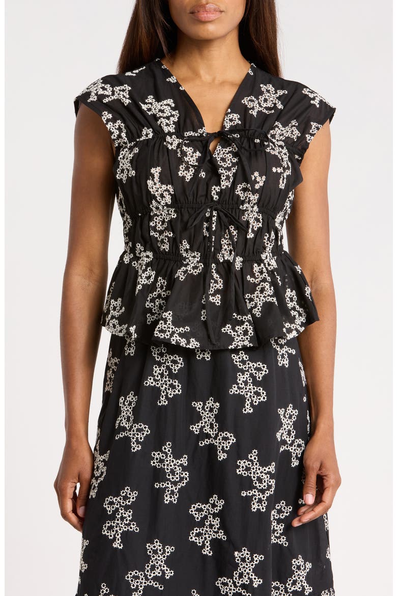 Floral Embroidered Sleeveless Cotton Voile Peplum Top, Main, color, BLACK FLORAL AOP