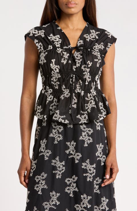 Floral Embroidered Sleeveless Cotton Voile Peplum Top