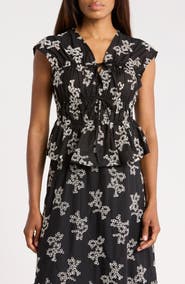 Ellen Tracy Floral Embroidered Sleeveless Cotton Voile Peplum Top