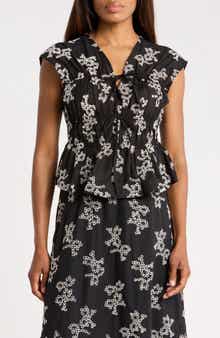 Ellen Tracy Floral Embroidered Sleeveless Cotton Voile Peplum Top