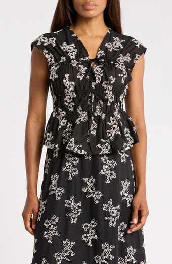 Floral Embroidered Sleeveless Cotton Voile Peplum Top