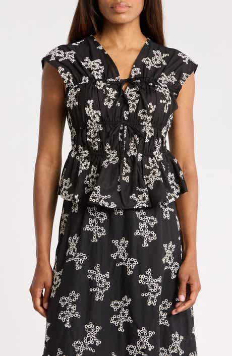 Ellen Tracy Floral Embroidered Sleeveless Cotton Voile Peplum Top