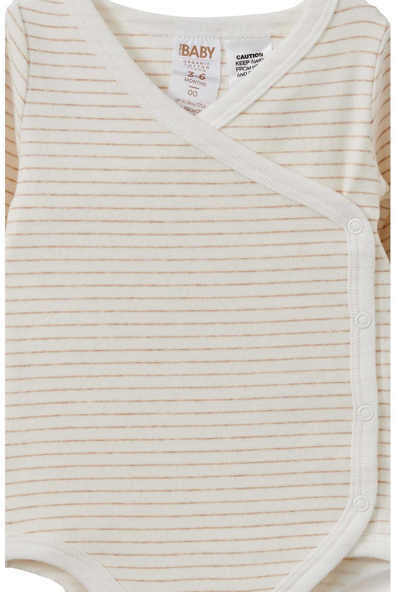 Organic Cross Over Long Sleeve Bubbysuit, Alternate, color, Caramel Fudge Marle Stripe