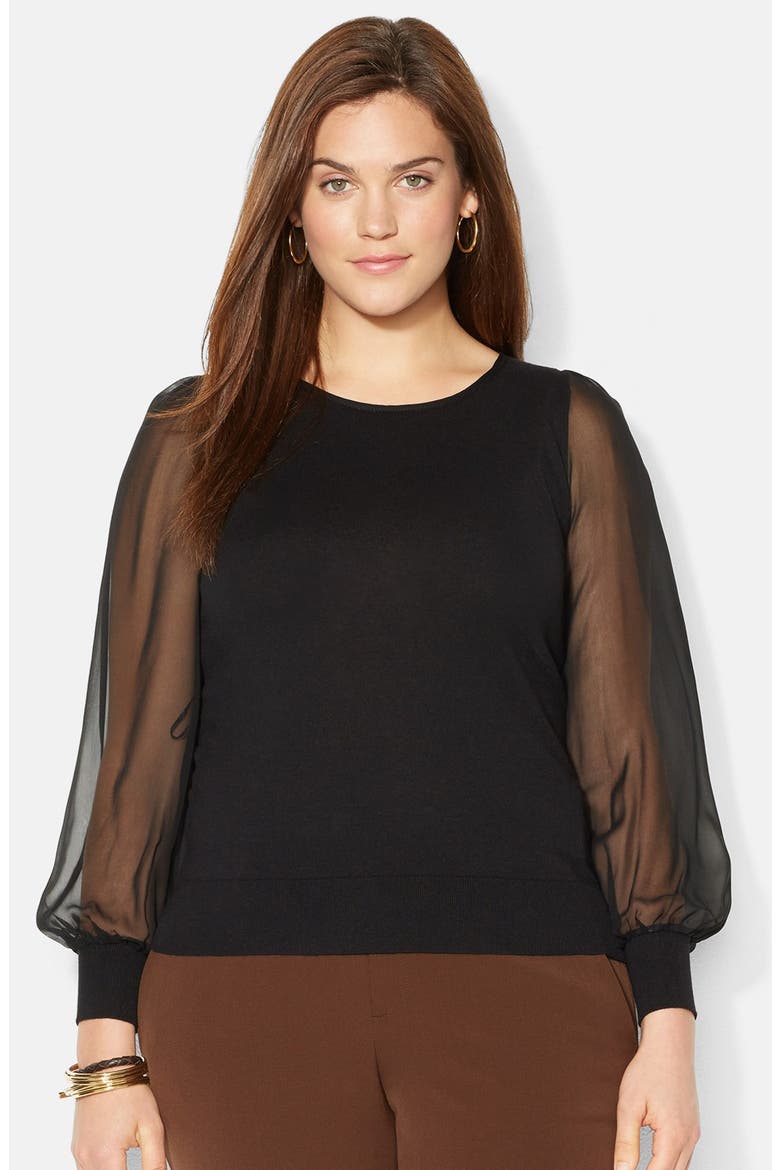 Sheer Sleeve Sweater, Main, color, BLACK