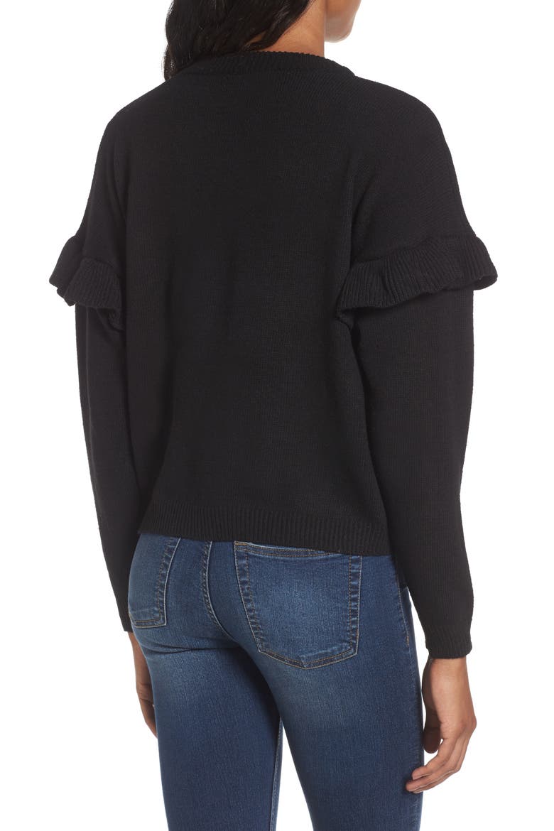 Ruffle Sleeve Embroidered Sweater, Alternate, color, BLACK