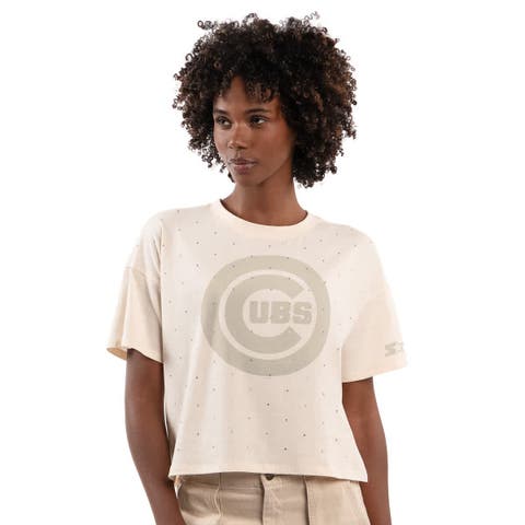 Women's Starter Cream Chicago Cubs Rhinestone Sprinkle Boxy Cropped T-Shirt