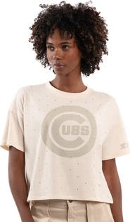 STARTER Women's Starter Cream Chicago Cubs Rhinestone Sprinkle Boxy Cropped T-Shirt