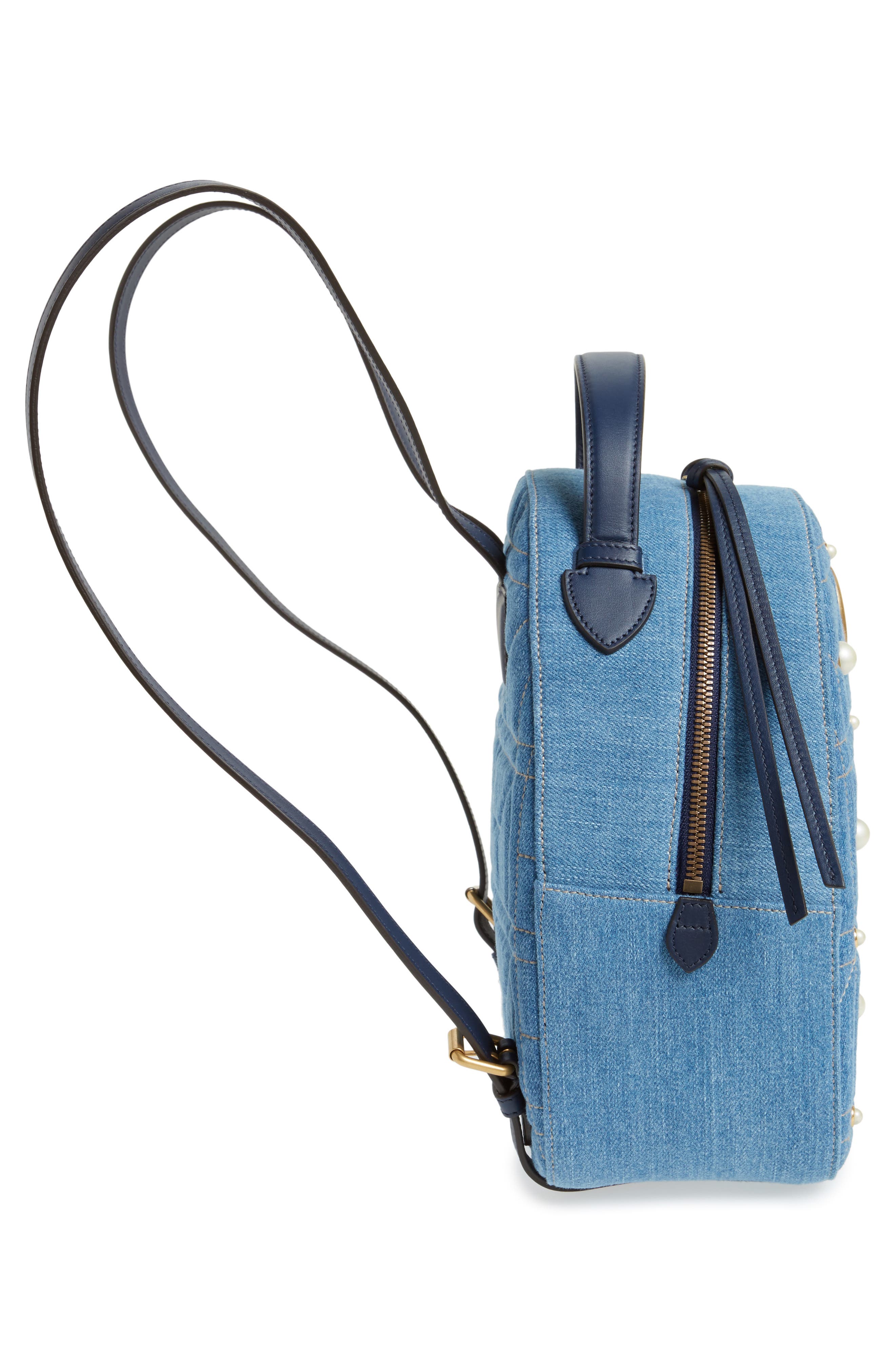 Gucci GG Marmont 2.0 Imitation Pearl Embellished Denim Backpack, Alternate, color, 