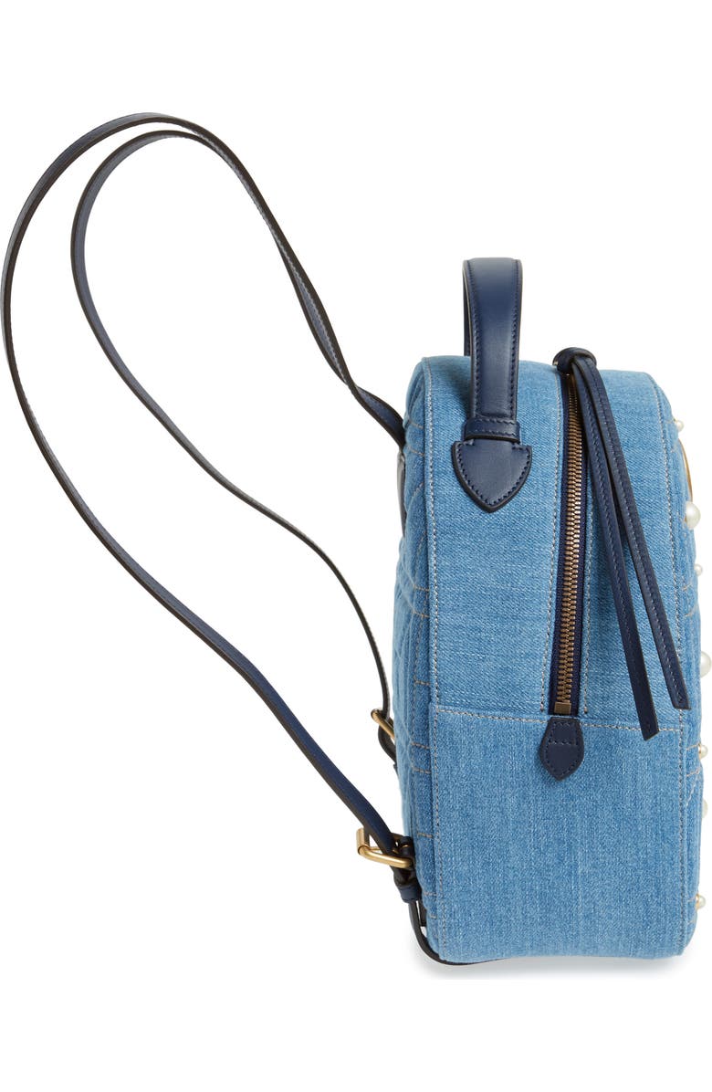 Gucci GG Marmont 2.0 Imitation Pearl Embellished Denim Backpack, Alternate, color,