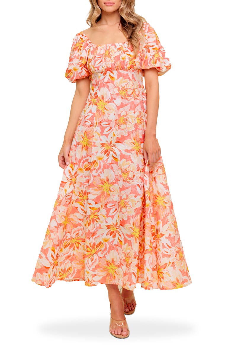 Print Midi Dress, Main, color, CORAL