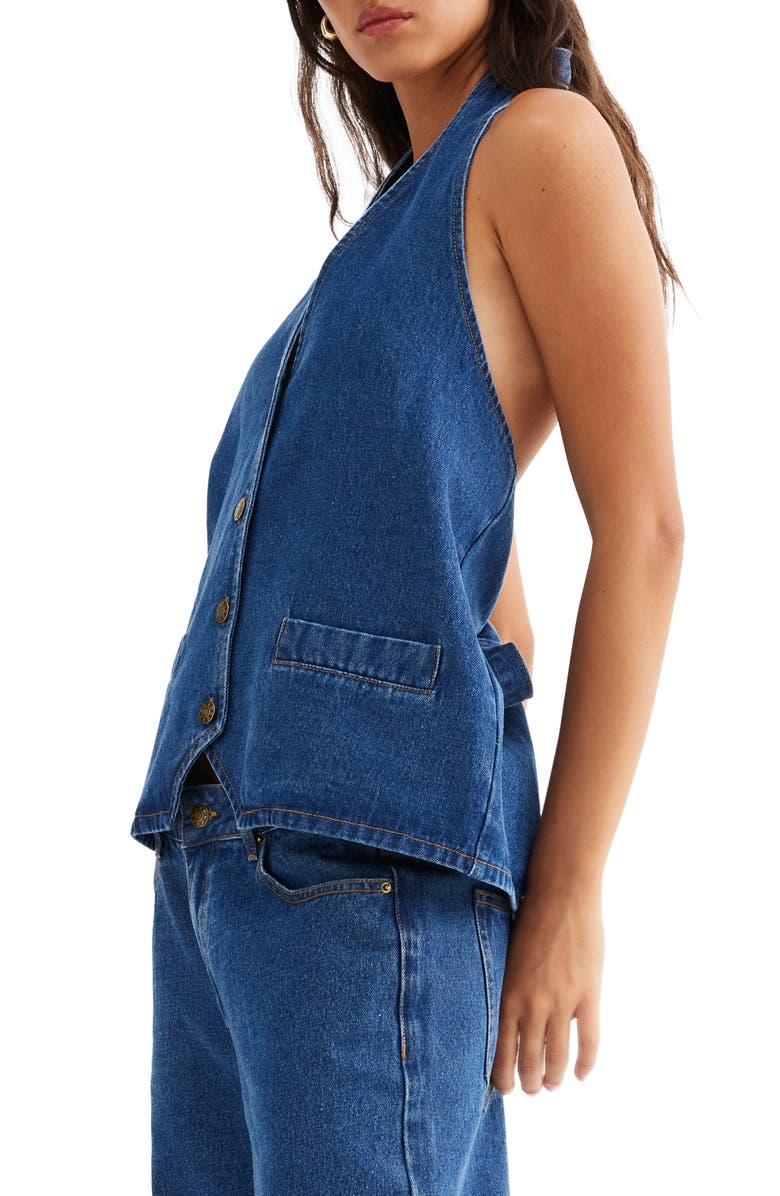 LIONESS Hill Denim Halter Top, Alternate, color, Dark Denim