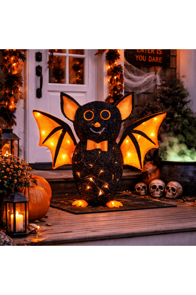 21" Black Halloween Bat with Orange Wings, Modern Indoor/Outdoor Decoration, Ground Freestanding, Halloween, Polyester, Black, Requires 3 AA Batteries, Alternate, color, Black