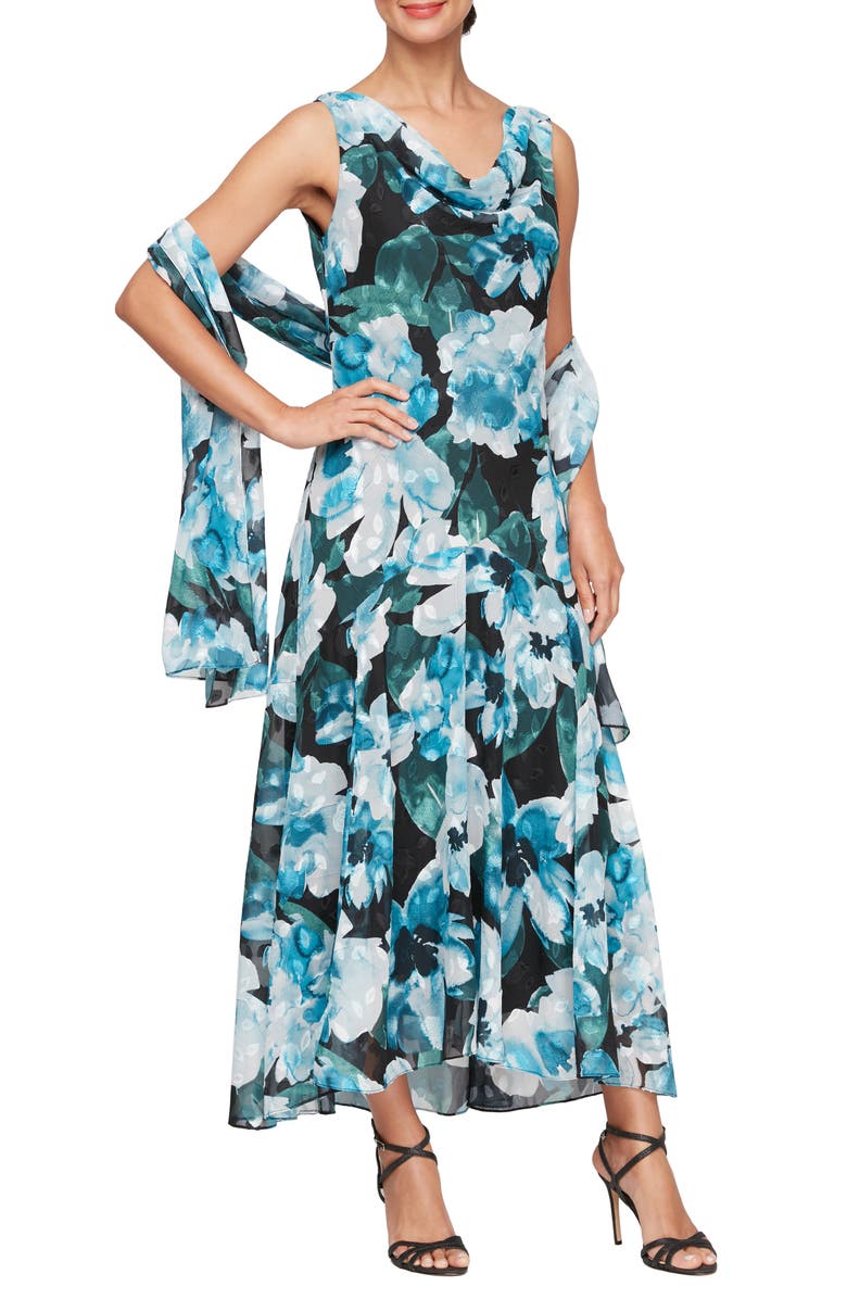 Alex Evenings Floral Burnout Cocktail Dress with Shawl, Main, color, 