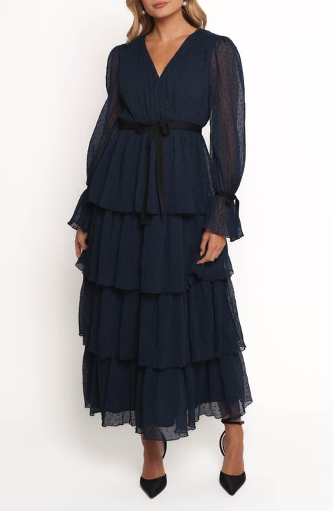 Antoinette Long Sleeve Tiered Clip Dot Chiffon Cocktail Dress