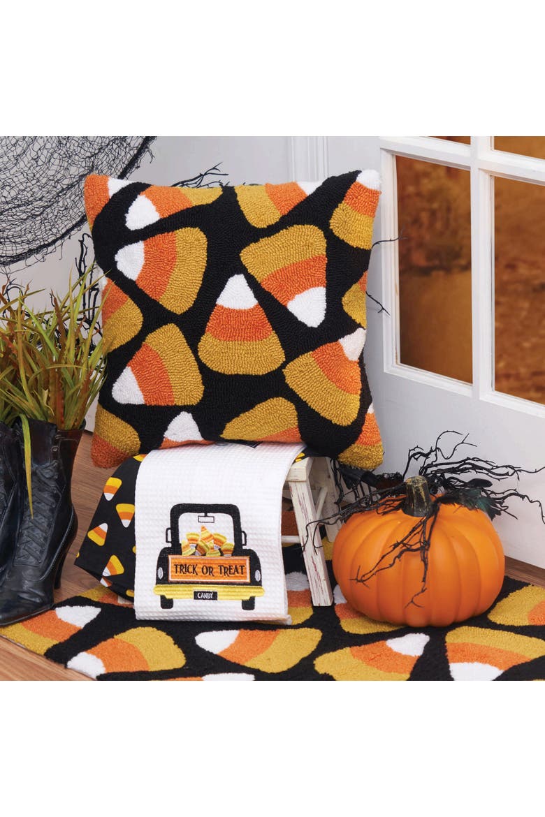 Candy Corn Halloween Hooked Accent Throw Pillow 18" x 18", Alternate, color, Black