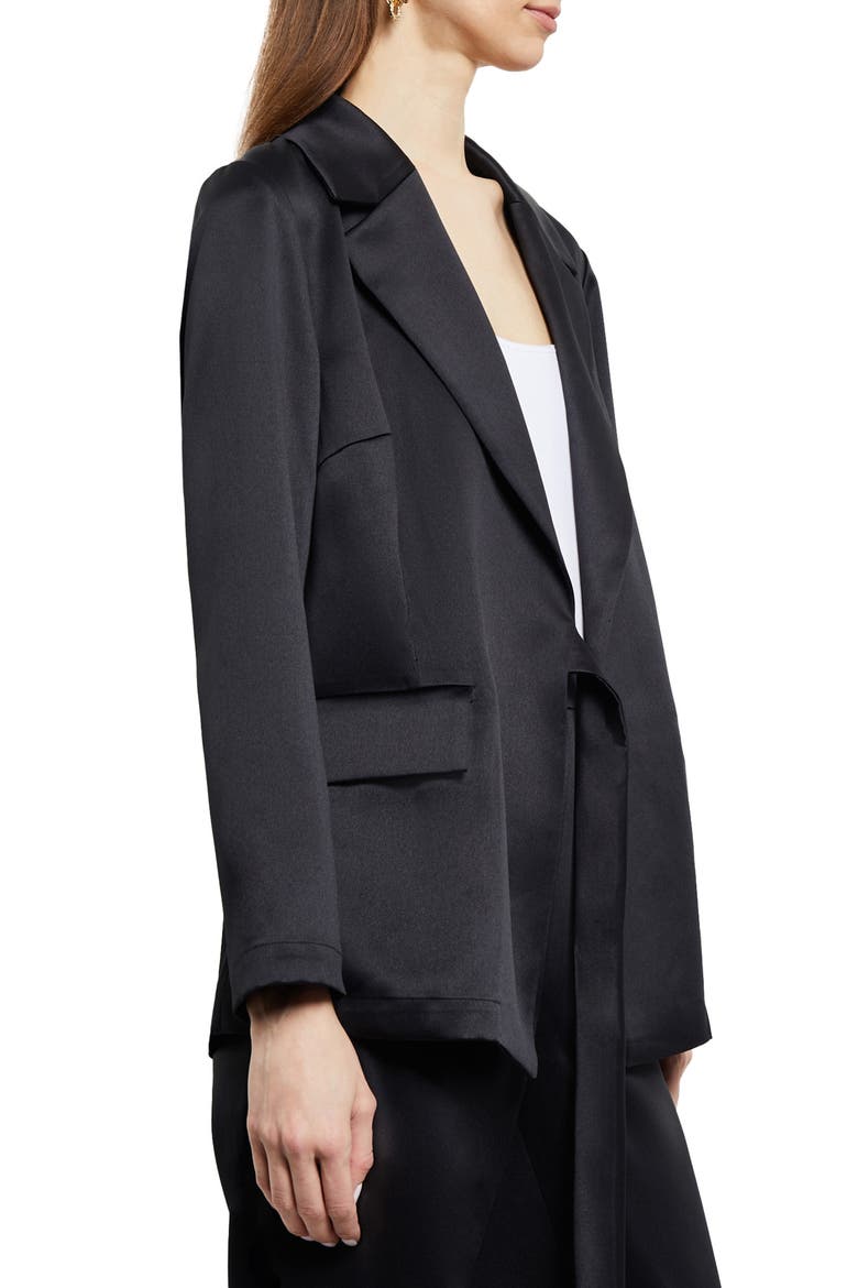 Side Tie Satin Blazer, Alternate, color, BLACK
