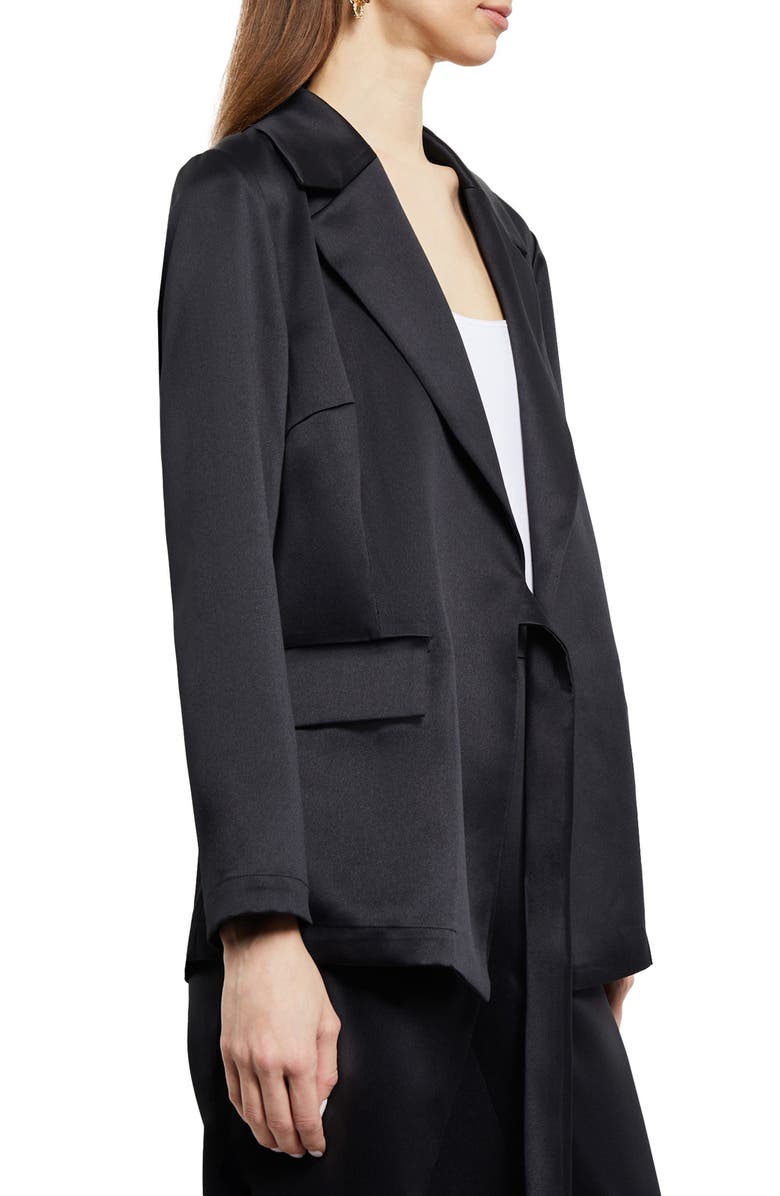 Misook Side Tie Satin Blazer, Alternate, color, Black