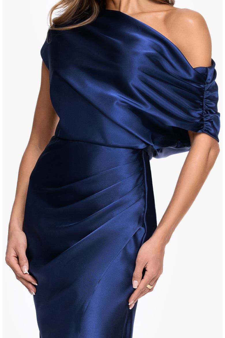 Ruched One-Shoulder Satin Charmeuse Cocktail Dress, Alternate, color, NAVY