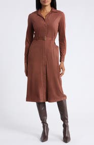 MAX STUDIO Faux Suede Long Sleeve Belted Shirtdress