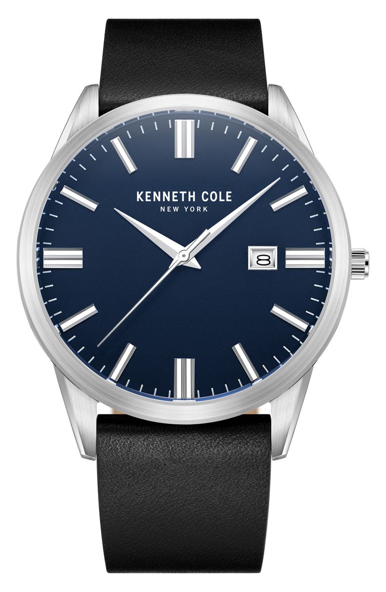 Kenneth Cole Classic Leather Strap Watch, Main, color, Black