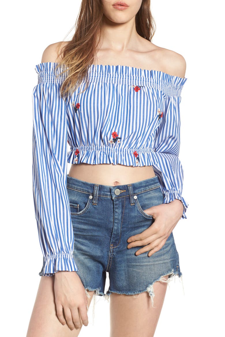 Chloe + Katie Embroidered Off the Shoulder Crop Top, Main, color, BLUE/ WHITE STRIPE