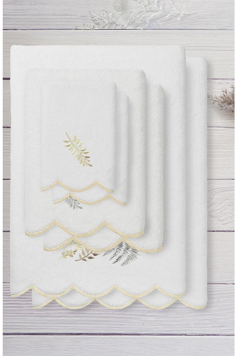Fern Toss Scalloped 6-Piece Embellished Towel Set, Alternate, color, WHITE/ BEIGE
