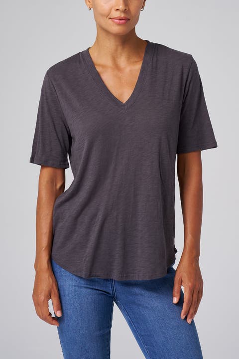Slub Jersey V-Neck Elbow Sleeve Tee