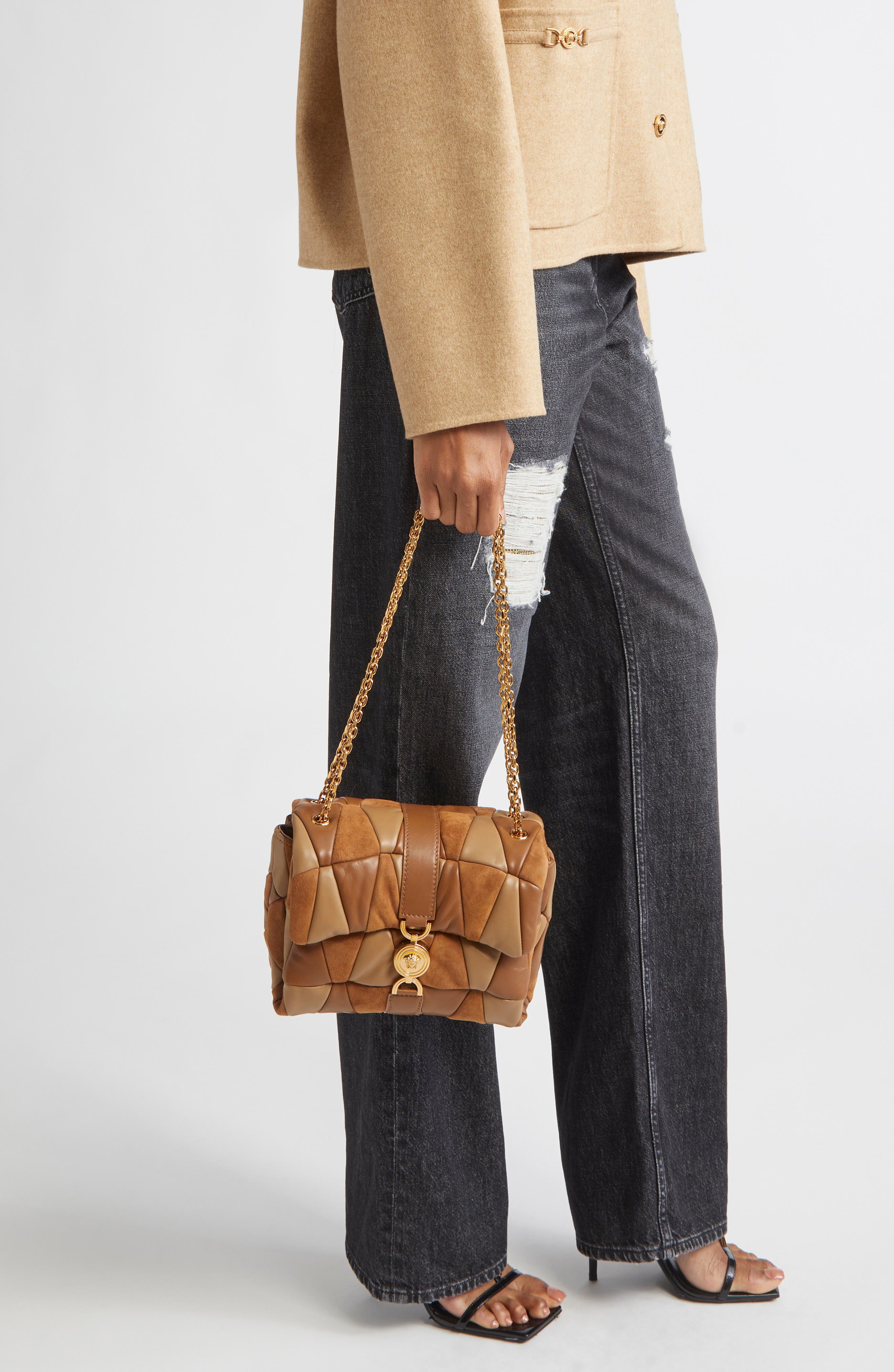 Versace Kleio Medusa 95 Quilted Patchwork Suede Shoulder Bag, Alternate, color, Brown Caramel Gold