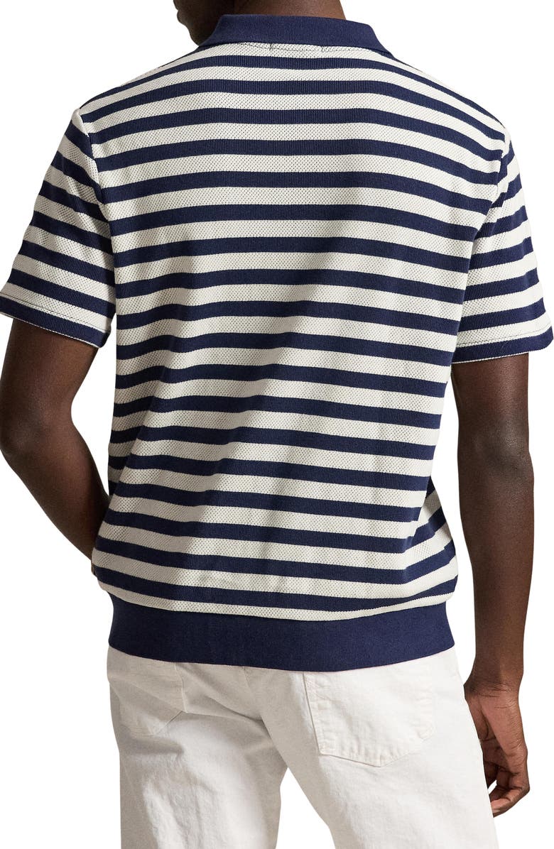 Polo Ralph Lauren Stripe Pointelle Rib Johnny Collar Polo, Alternate, color, Newport Navy/ Andover Cream