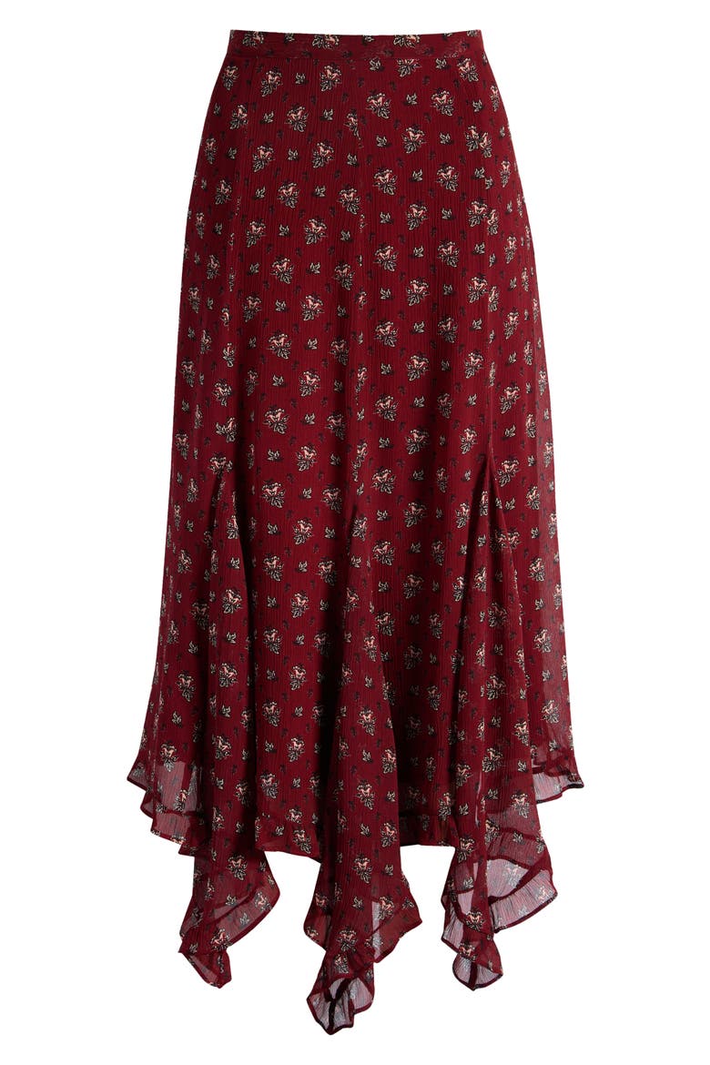 Rotelle Floral Handkerchief Hem Silk Chiffon Skirt, Alternate, color, OXBLOOD MULTI