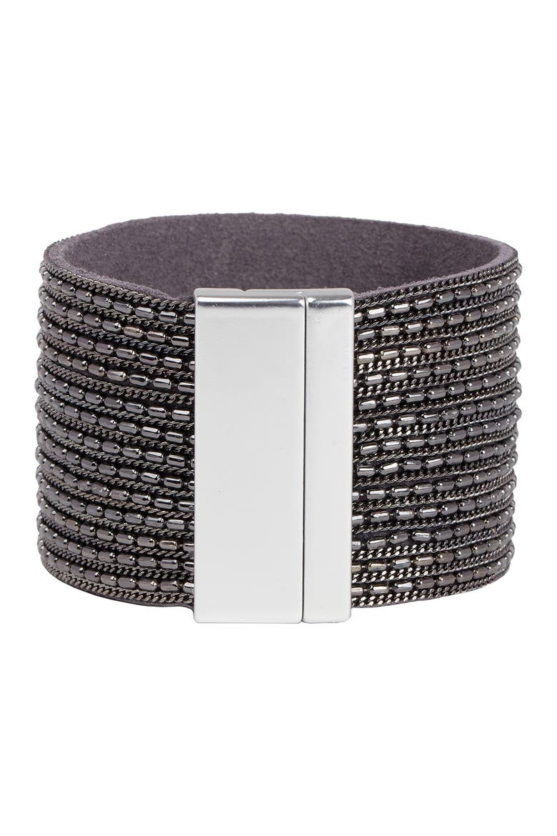 Rock 'n' Roll Chain Detailed Leather Cuff Bracelet, Alternate, color, BLACK
