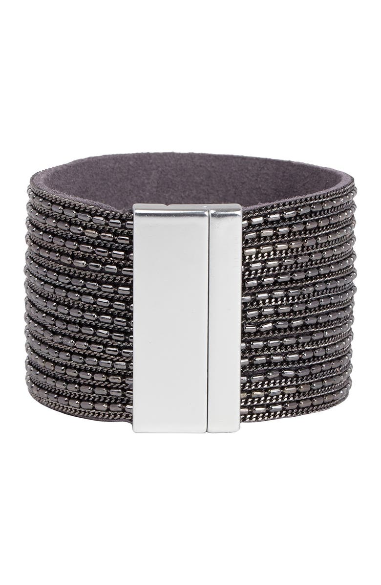 SAACHI Rock 'n' Roll Chain Detailed Leather Cuff Bracelet, Alternate, color, Black