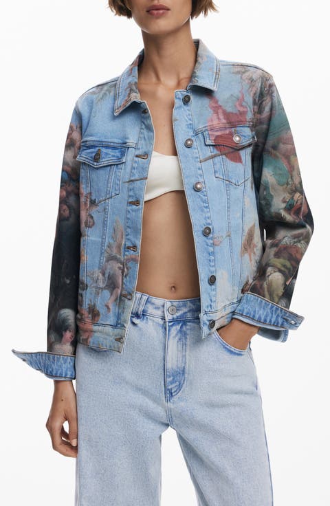 Renaissance Print Denim Trucker Jacket