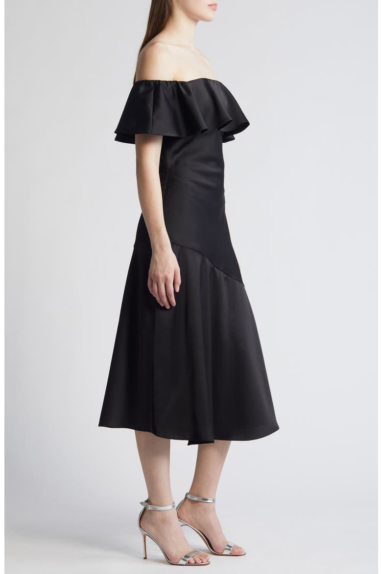 Off the Shoulder A-Line Satin Midi, Alternate, color, BLACK