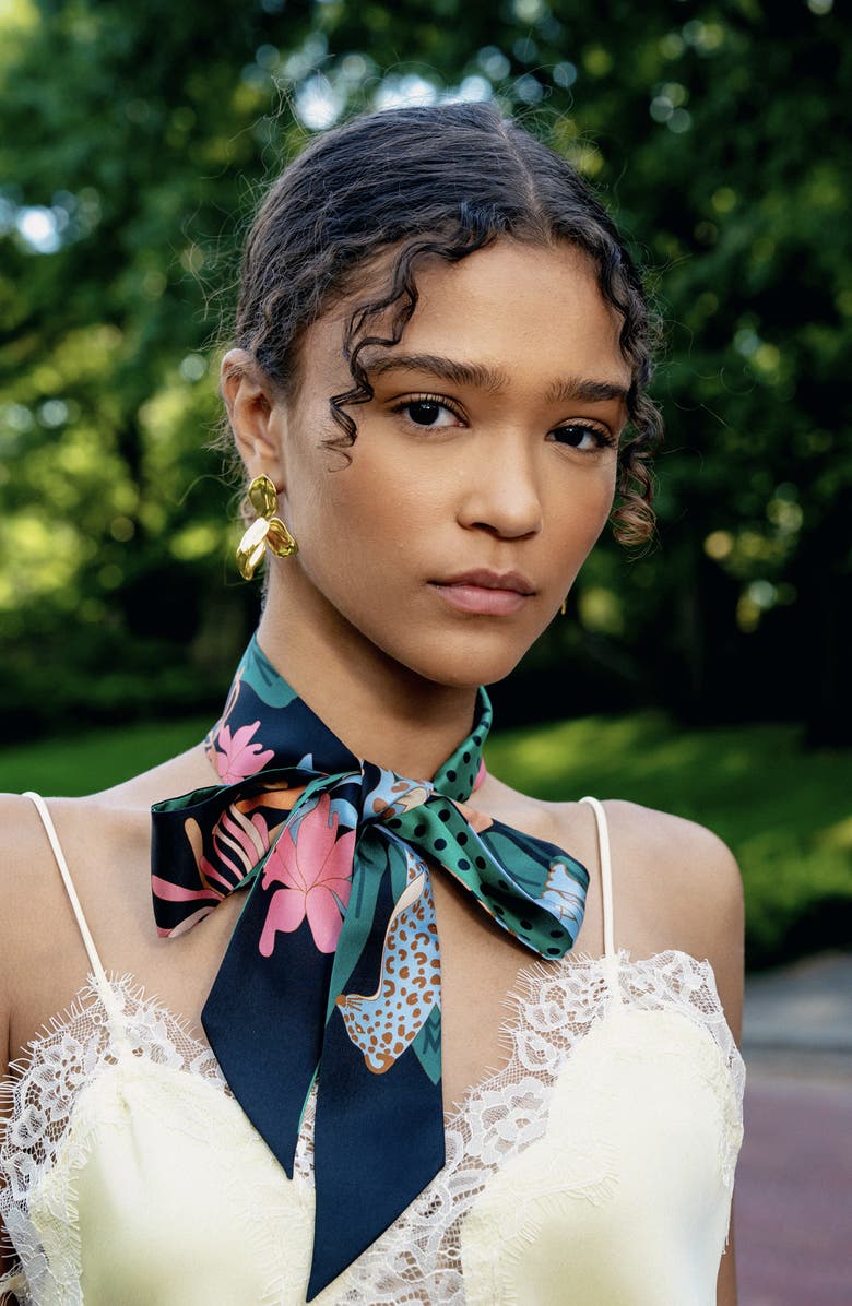 Jessie Zhao New York Silk Skinny Scarf Night Jungle Gathering, Alternate, color, Green