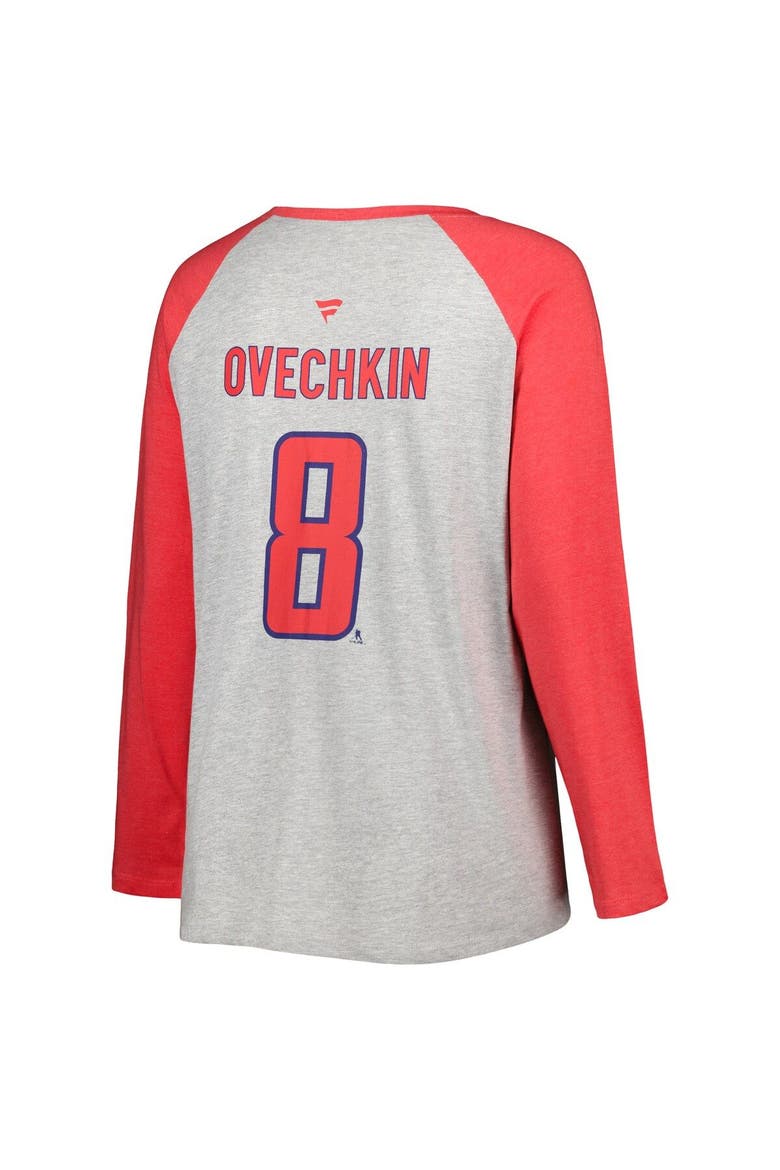 Women's Fanatics Branded Alexander Ovechkin Heather Gray/Heather Red Washington Capitals Plus Size Name & Number Raglan Long Sleeve T-Shirt, Alternate, color, Heather Gray