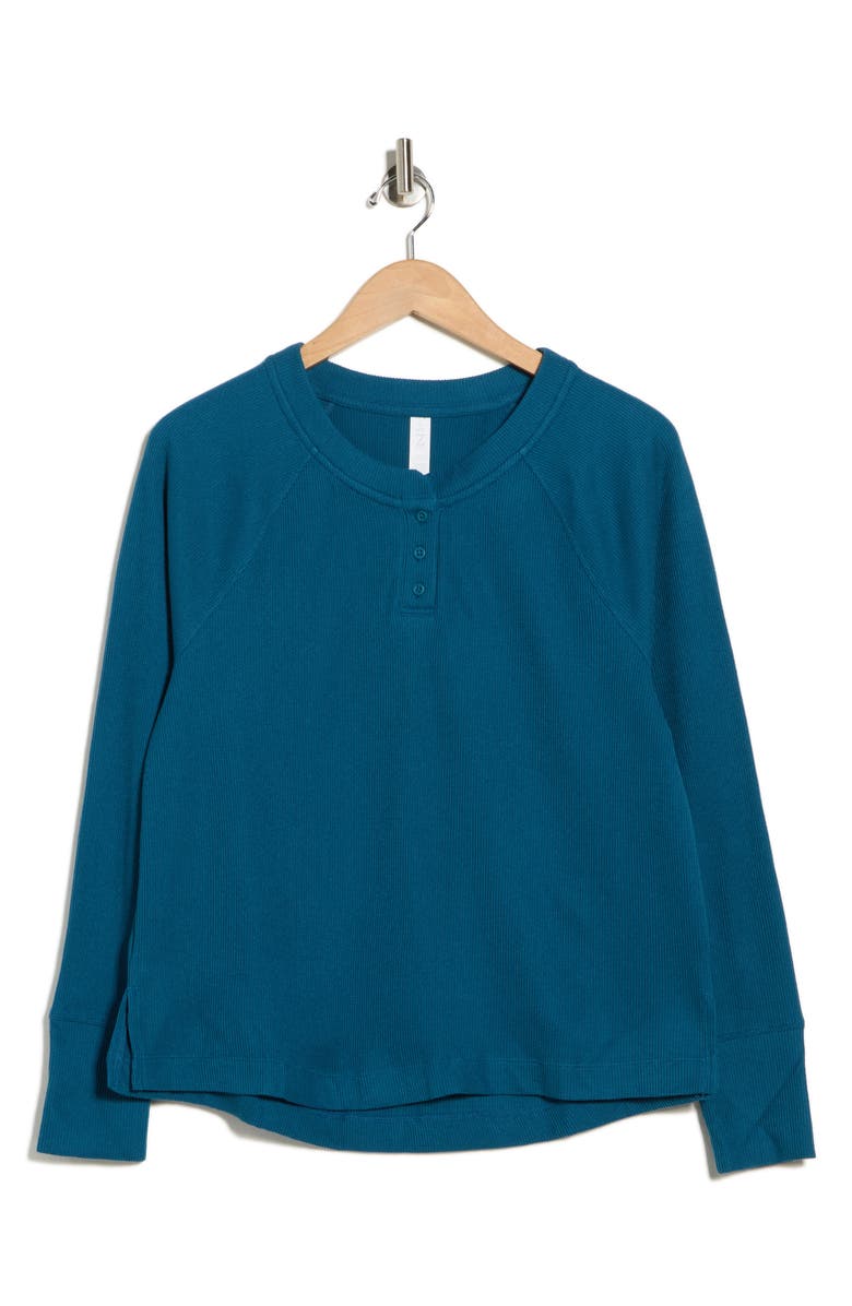 Z by Zella Zen Relaxed Long Sleeve Waffle Knit Henley, Alternate, color, Teal Seagate