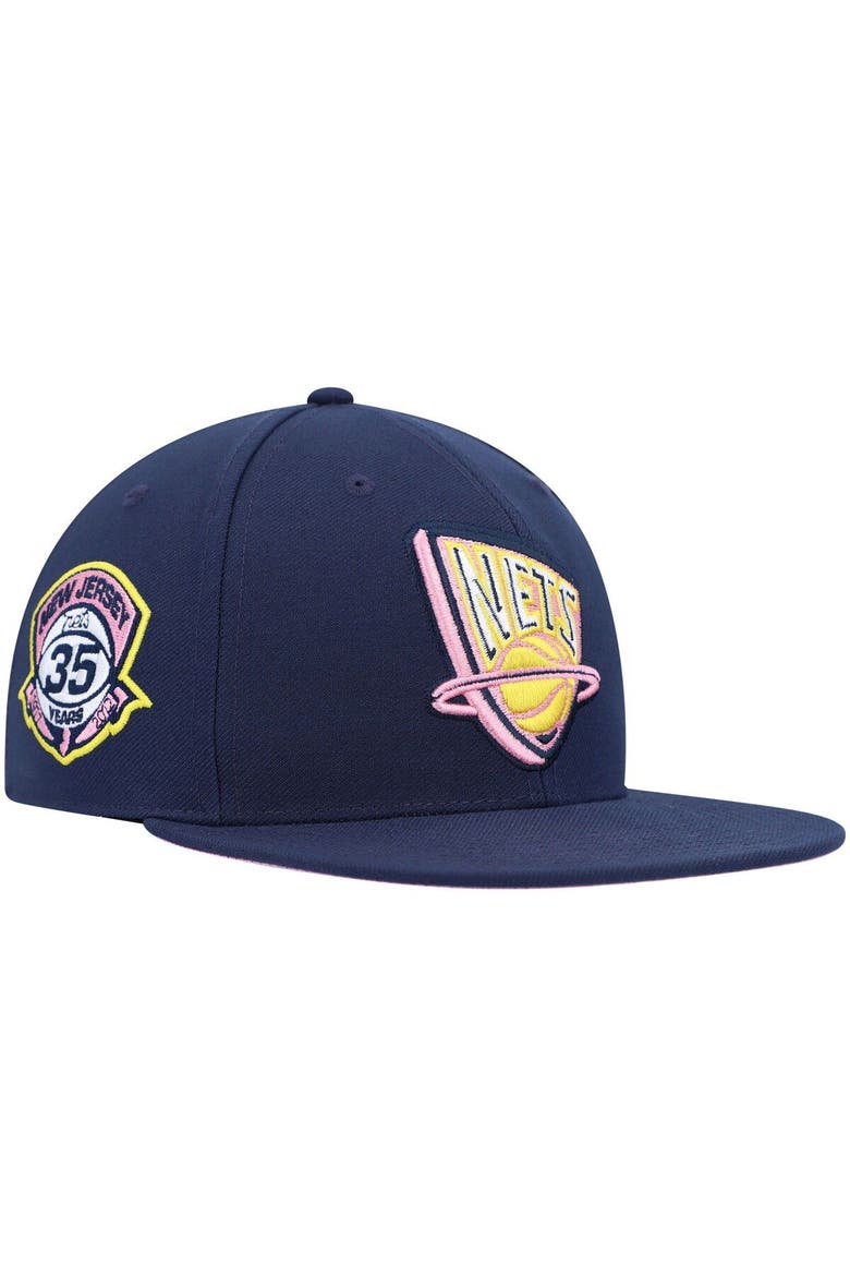 Men's Mitchell & Ness Navy New Jersey Nets 35 Years Burnt Sunrise Fitted Hat, Main, color, Navy