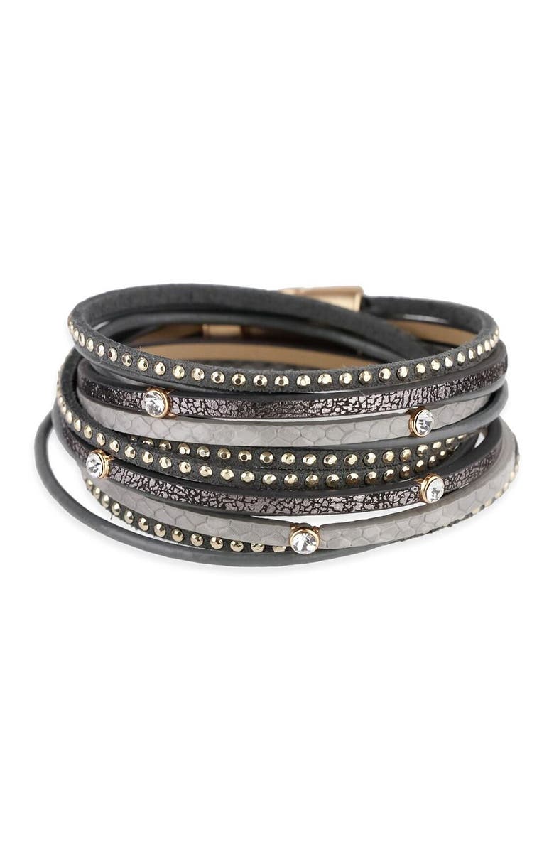 SAACHI Grey Sabrina Crystal Detail Leather Wrap Bracelet, Main, color, 
