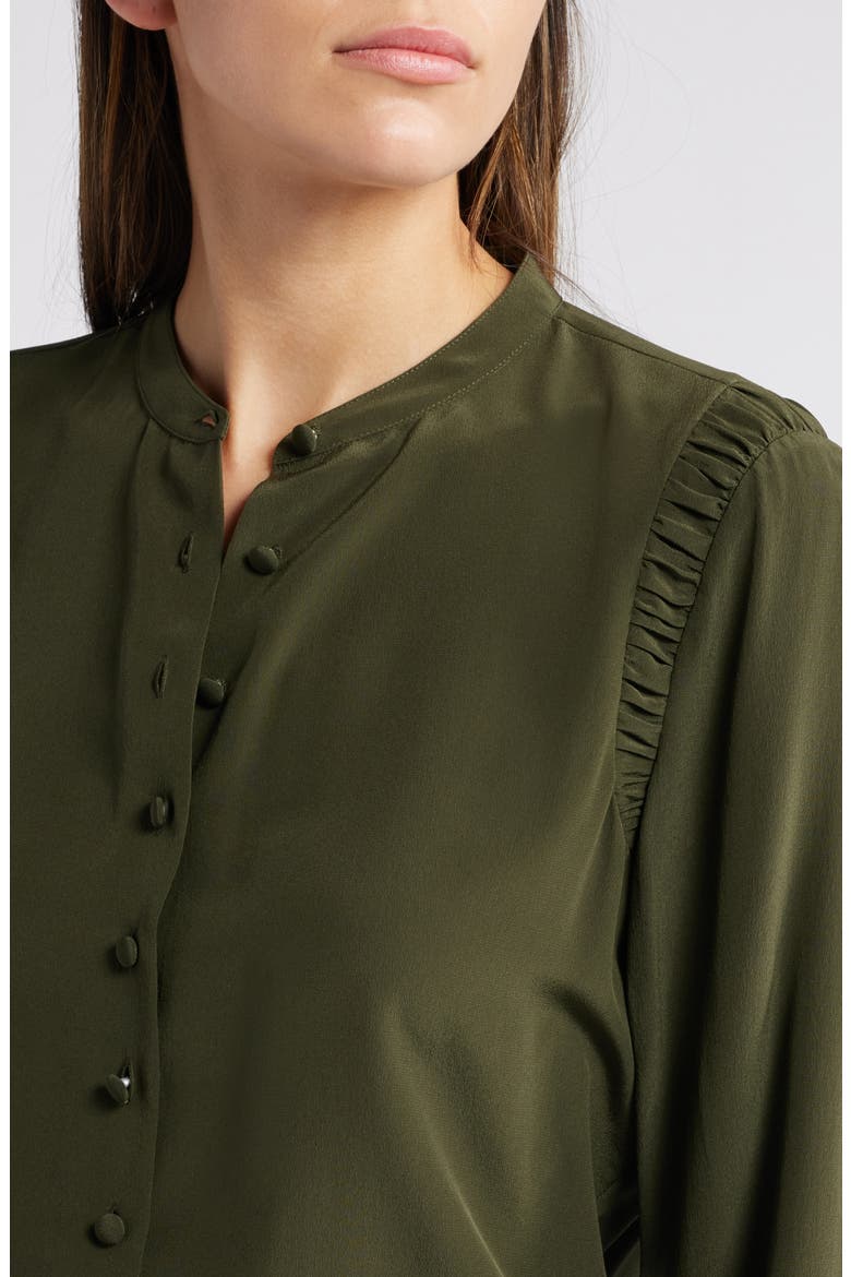 Band Collar Silk Button-Up Shirt, Alternate, color, MILITARY GREEN