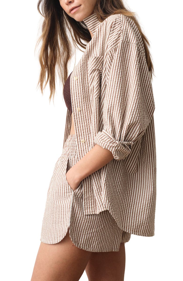 Marine Layer Gracey Stripe Oversize Cotton & Kapok Seersucker Button-Up Shirt, Alternate, color, Mocha Stripe