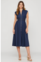 Zip Front Sleeveless Denim Midi Dress with Smocked Waist Detail