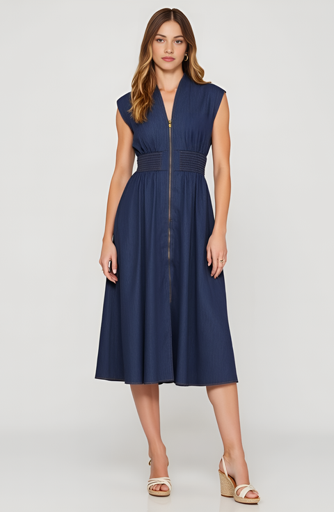 【BAON】Tawa denim ribbon sleeveless midi one piece Amazon.com: Women's Scoop Neck Zip Up Denim Tank Dress