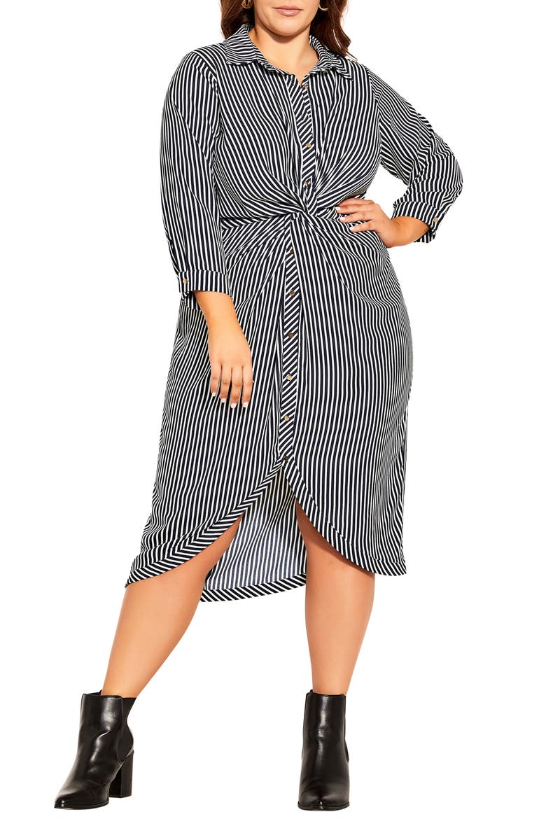 Twisted Stripe Long Sleeve Shirtdress, Main, color, NAVY/ WHITE